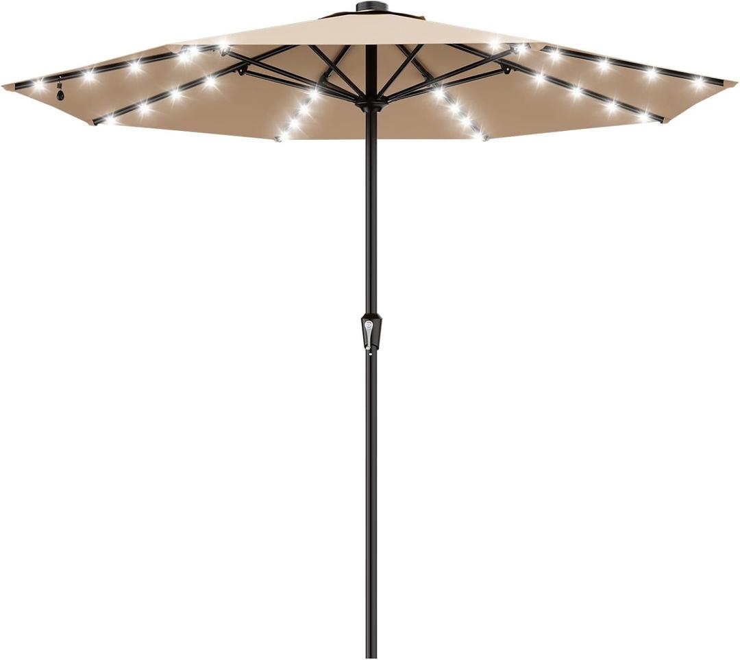AreShark 11FT Large Patio Umbrella with Solar Lights, Lighted Solar Umbrella with Crank, Outdoor Table Market Umbrellas for Garden, Deck, Backyard, Pool and Beach, Beige