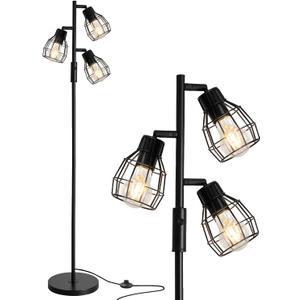 Oneach 64.25" Modern Floor Lamp for Living Room, Black Industrial Floor Lamp for Bedroom with 3X 4W LED Bulbs, 3 Light Rustic Standing Tall Lamp for Bedroom, Office (Black with 3 lights)