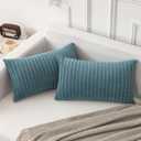 Kevin Textile Set of 2 Oblong Pillow Covers 12x20 Inch Sofa Plush Striped Corduroy Velvet Rectangular Lumbar Throw Pillow Cases Cushion Covers Boho Home Decor for Couch Sofa Bed Chair, Blue Grey