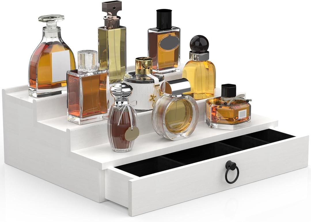 upcessory Cologne Organizer for Men, 3 Tier Wood Perfume Organizer with Felt Lining Drawer and Hidden Compartment, White Perfume Display Holder, A Gift for Men