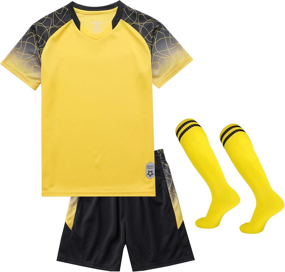 Hiheart Boys Soccer Jersey Set Football Team T-Shirt and Shorts with Socks Athletic Tracksuit (7-8 Years, Yellow) Hiheart Boys Soccer Jersey Set Football Team T-Shirt and Shorts with Socks Athletic Tracksuit (7-8 Years, Yellow)