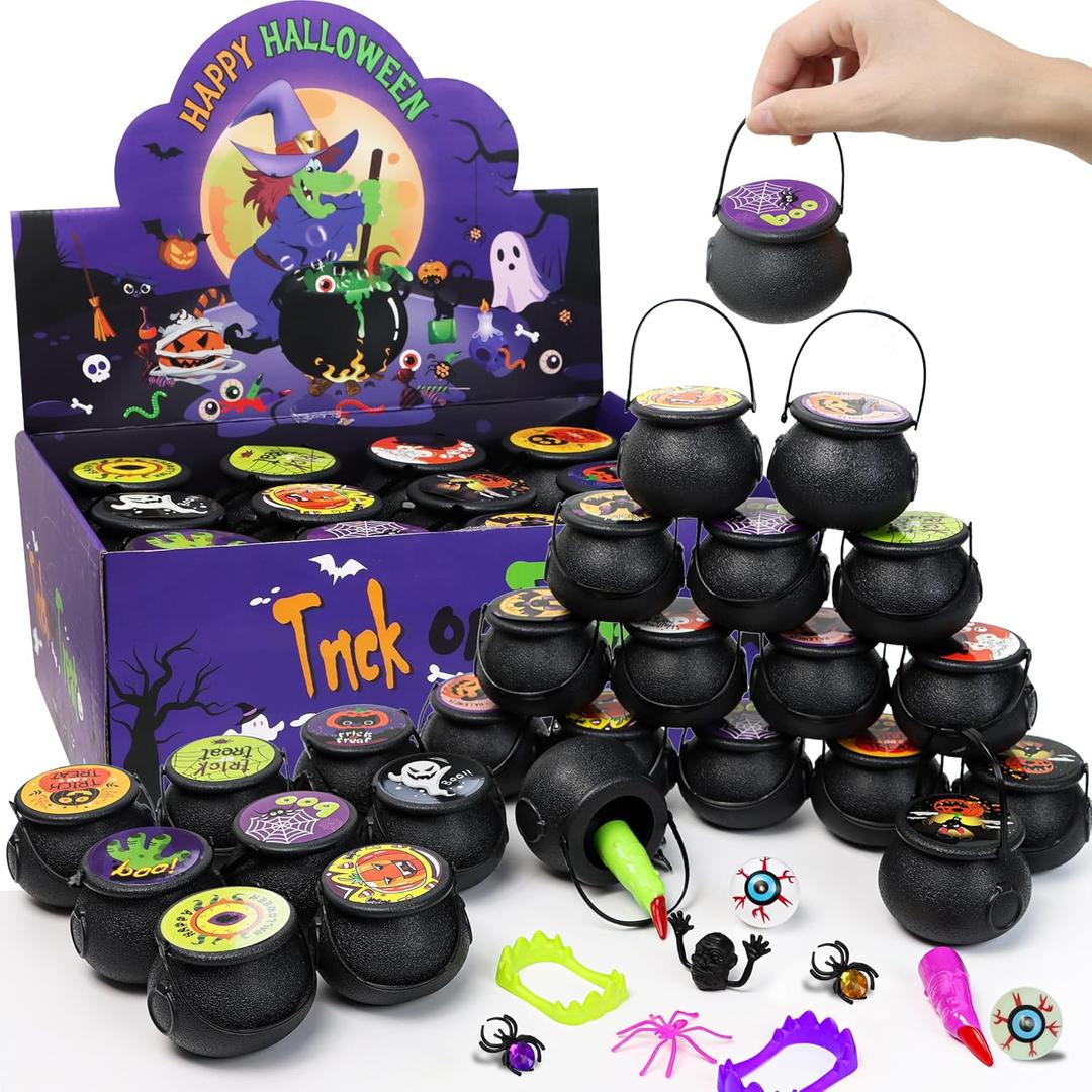192 PCS Halloween Party Favors for Kids 24 Pack Prefilled Small Plastic Witch Cauldron, Halloween Assorted Toys Bulk Halloween Treats for School Classroom Prizes Trick or Treat Gift for Boy Girls Kids