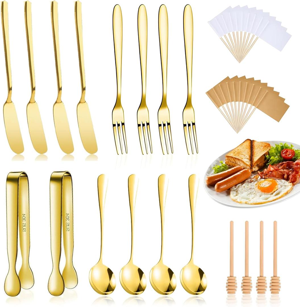 18 Pieces Cheese Butter Spreader Knives Set Charcuterie Accessories Stainless Steel Spreader Knives Charcuterie Boards Utensils Mini Serving Tongs Spoons and Forks for Pastry Making (Golden)