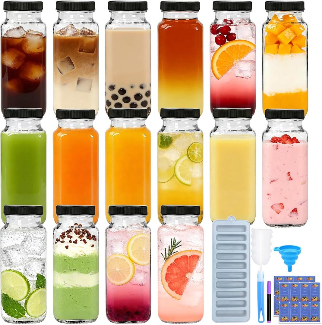 8 oz Glass Juice Bottles with Lids,16 Pack Reusable Juice Containers with Cleaning Brush, Square Glass Water Bottles Drinking Jars for Juicing, Smoothies, Beverages, Milk, Kombucha