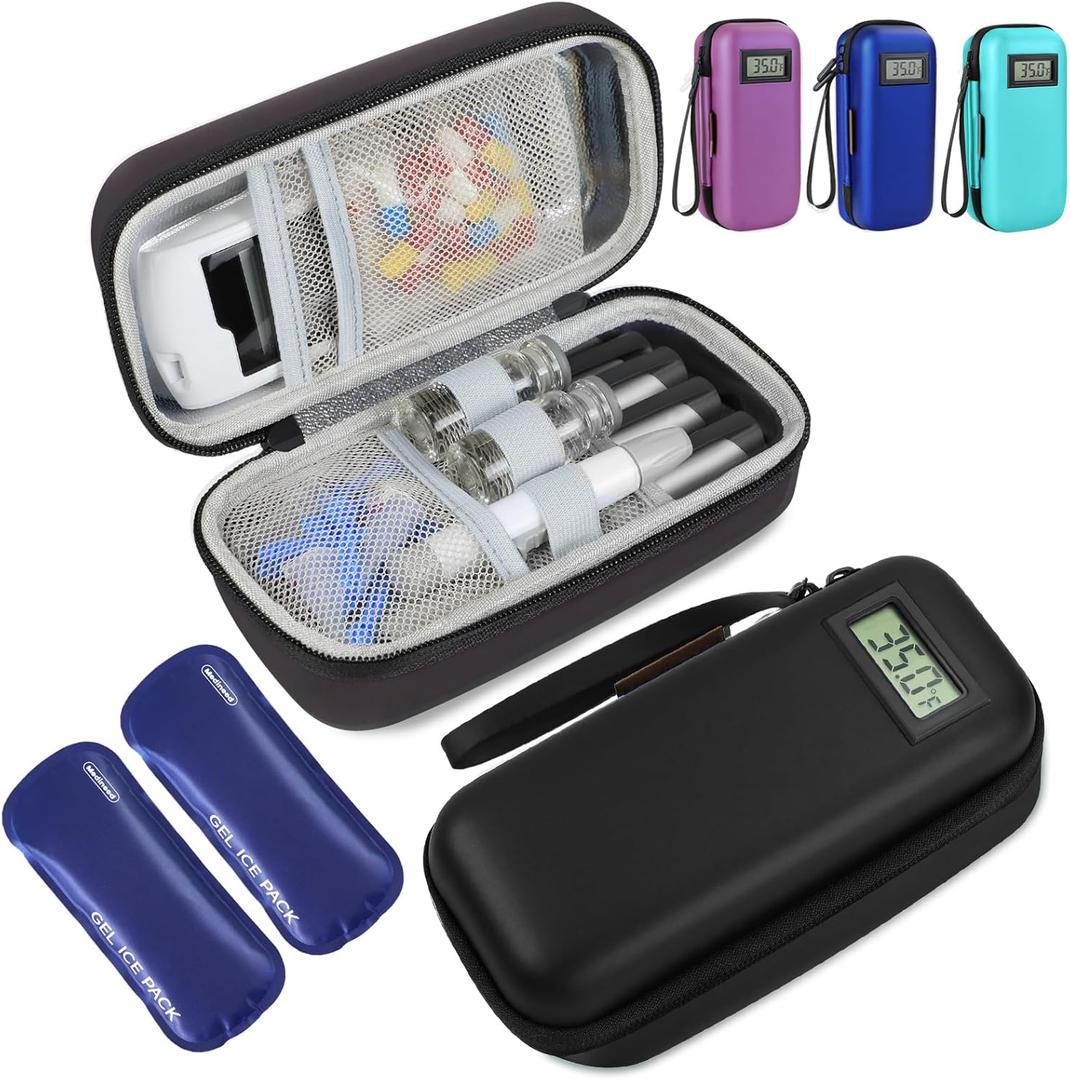 Insulin Cooler Travel Case, Portable Temperature Display Medicine Travel Cooler, Diabetes Case with 2 Reusable Ice Packs TSA Approved for Diabetic Supplies Patent Pending(Black)