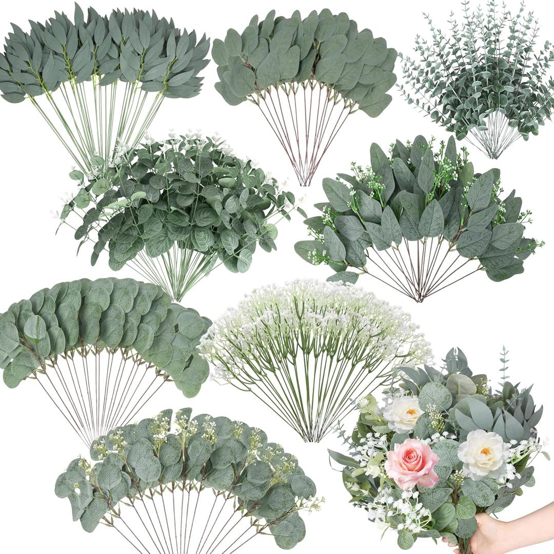 200 Pcs 8 Kinds Mixed Artificial Eucalyptus Stems Bulk Fake Silver Dollar Eucalyptus White Seeds Stems Bundle Faux Plants Greenery for DIY Bouquets Floral Arrangement Wedding Engagement Party Decor