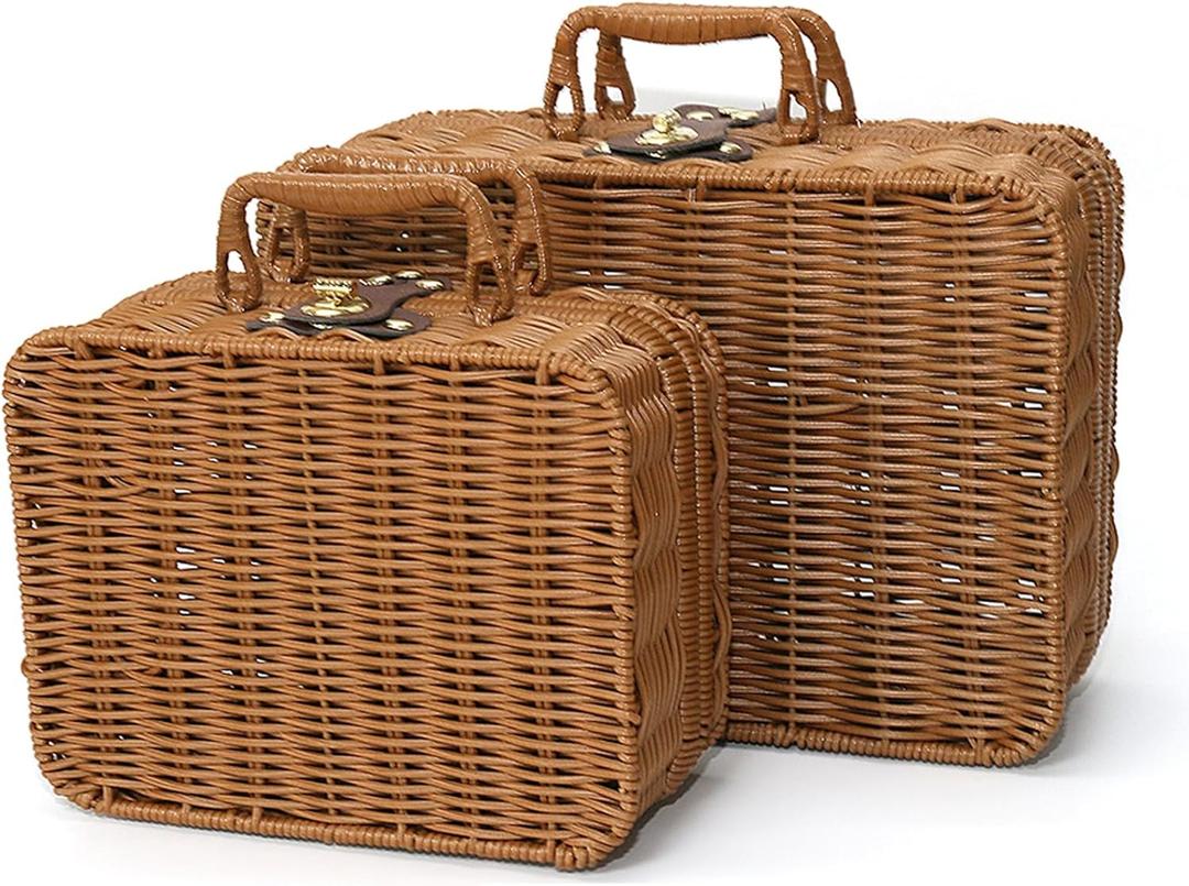 Mini Wicker Picnic Basket, Decorative Prop Suitcase Vintage Storage Hamper Makeup Organizer, Metal Lock Rattan Storage Box with Handles for Sundries Travel Camping and Outdoor Party (Brown, L+S)