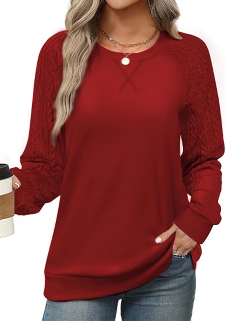 Sweatshirt for Women Crewneck 2026 Fashion Cable Knit Long Sleeve Loose Lightweight Sweater Fall Pullover Blouses Top (XX-Large, Red)