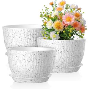 Meowell 12/10/9 inch Large Flower Pots, 3 Set Big Plant Pots for Outdoor Indoor Plants with Water Ripples, Wide Plastic Planters with Drainage Holes and Saucers for Garden House Plants, Speckled White