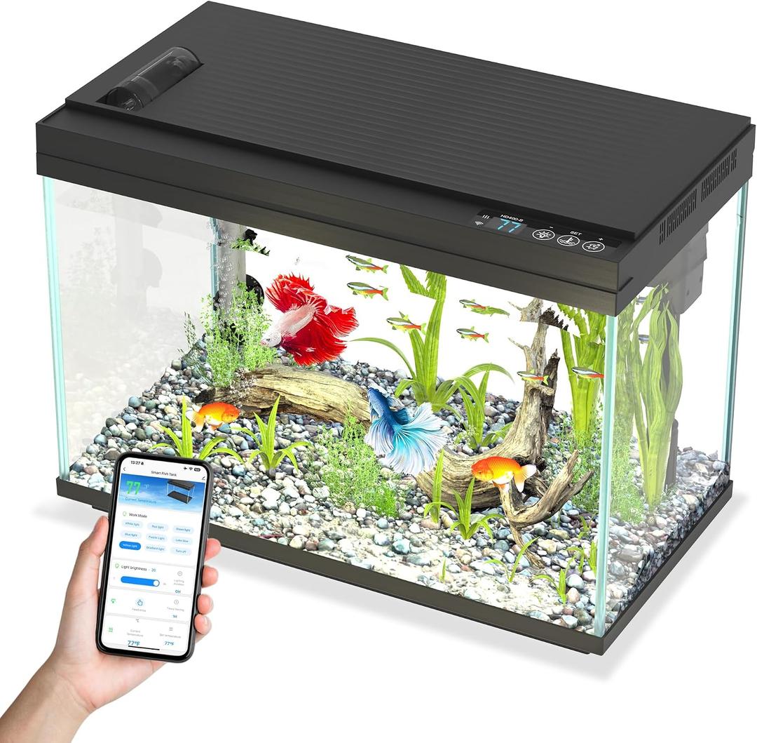 Smart Fish Tank Starter Kit with Smart Temperature Display & Wireless Control, 5.8 Gallon Fish Tank Self Cleaning, 3-in-1 Quiet Filter Pump, 7-Color LED, Heater, Feeder for Beginner Aquarium