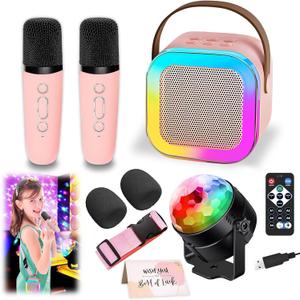 Karaoke Machine for Kids, Portable Bluetooth Speaker with 2 Wireless Microphones, 1 Disco Ball Strobe Lamp 7 Modes Stage Light for Home Room Dance Parties Birthday (pink)