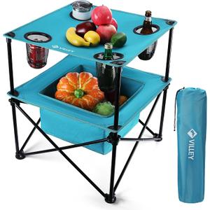 VILLEY Portable Camping Picnic Table, Lightweight Folding Beach Table with 4 Cup Holders and Carry Bag for Camp, Travel, Fishing, and Outdoor Activities, 22 Inches X 22 Inches X 25 Inches