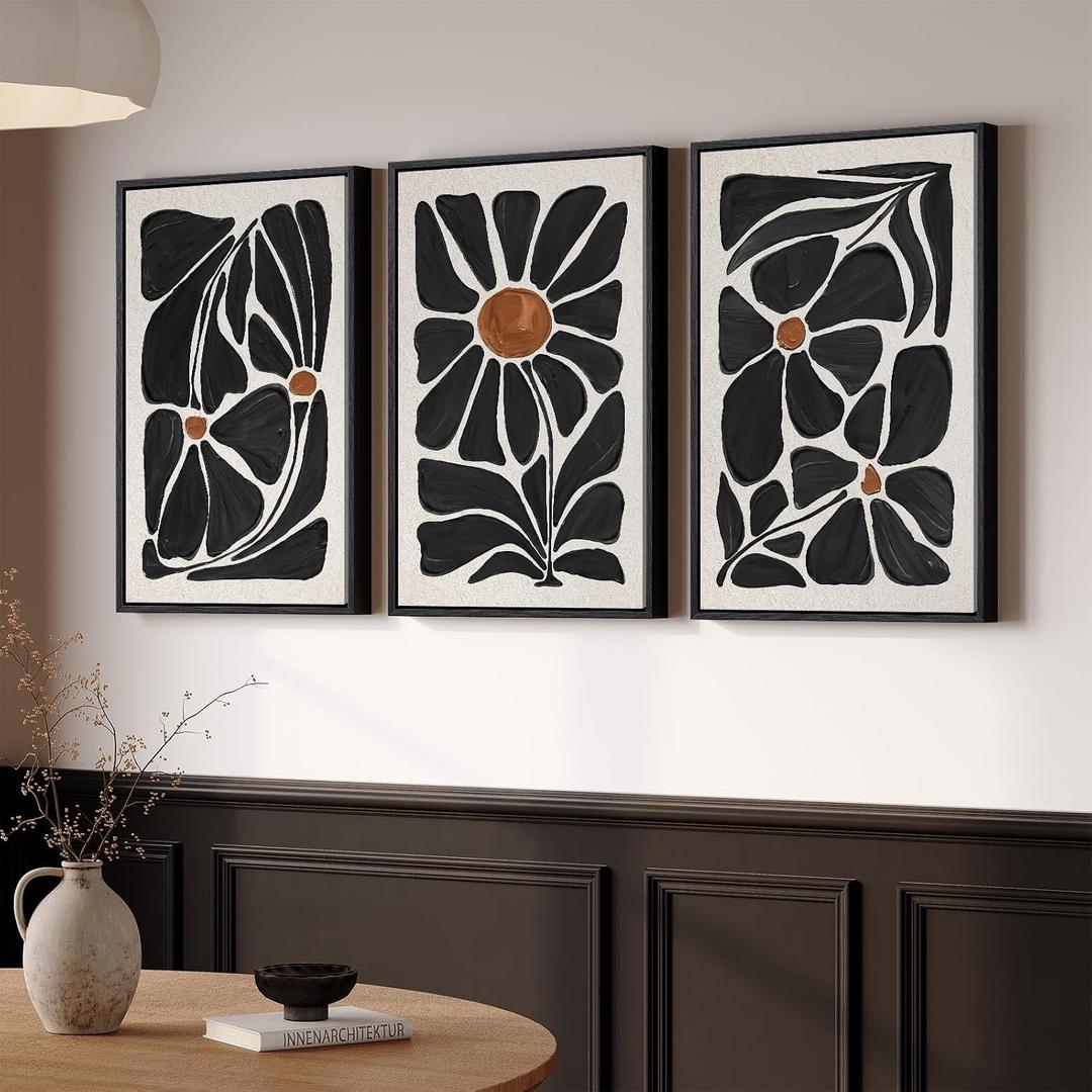 Large Framed Black and White Boho Floral Wall Art for Living Room, 3 Piece, 20" W x 30" H x 3Pcs