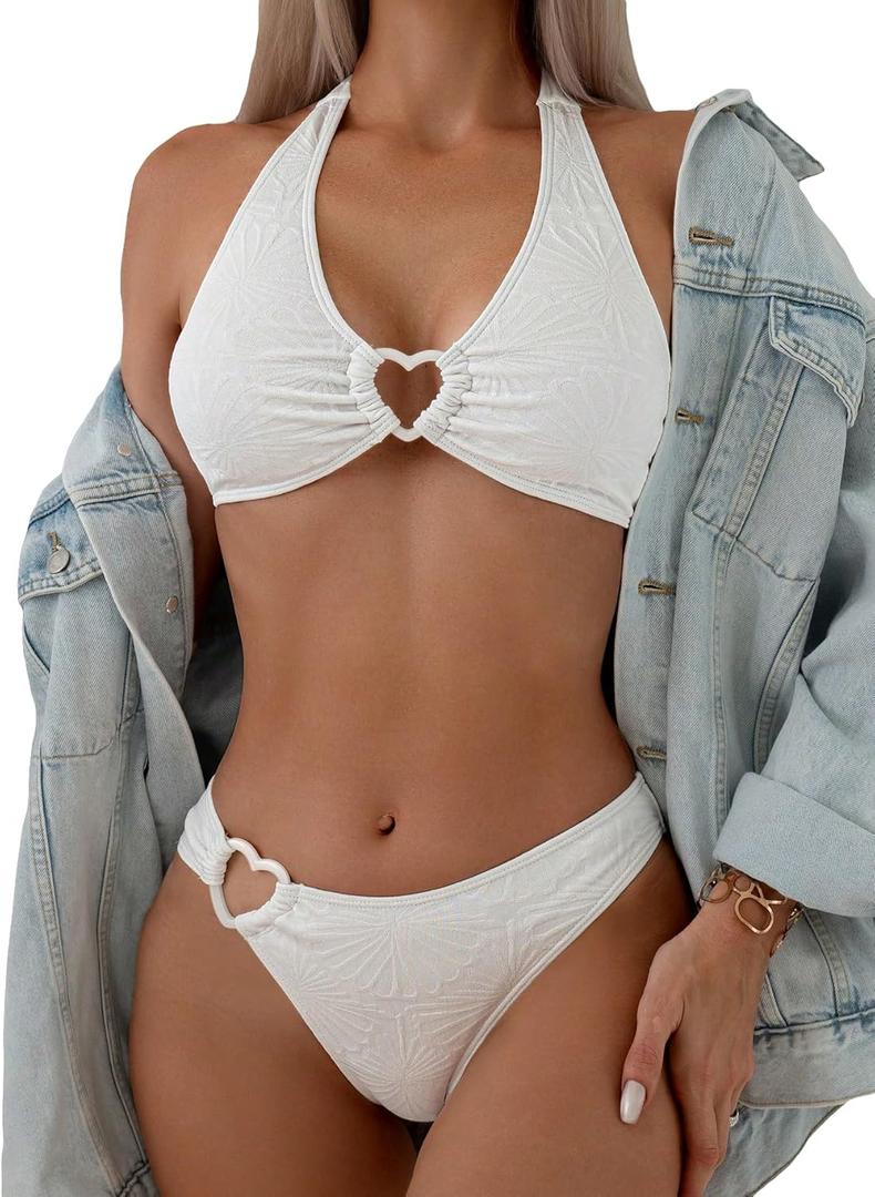 Verdusa Women's 2 Piece Swimsuit Heart Shaped Ring Decorated Halter Bikini Swimwear Set (Large, White)