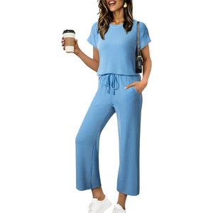 SHEWIN Women Summer Two Piece Sets Ladies Work Lounge Sets Fall Crewneck Loose Fit Airport Outfit Ribbed Knit Tops Wide Leg Pants 2026 Clothes Size L, Blue (L)