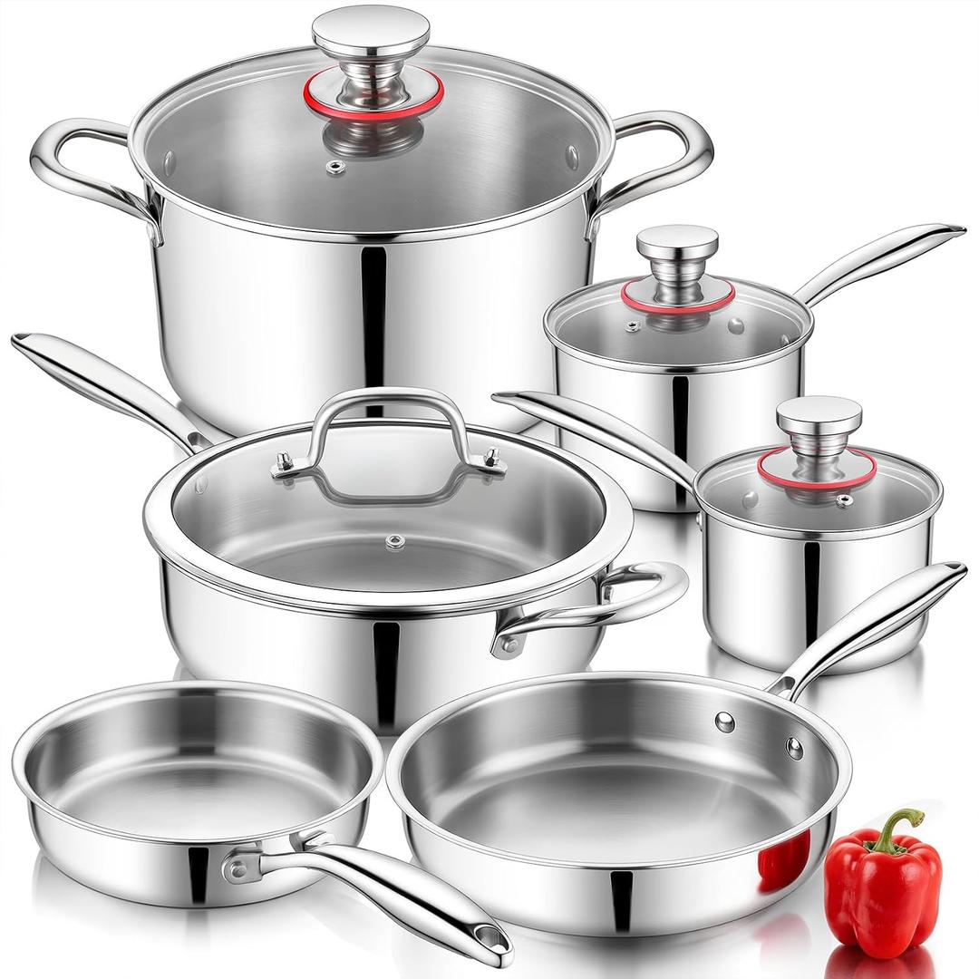 P&P CHEF 3-Ply Stainless Steel Cookware Set of 6, 10-Pieces Pots and Pans Sets Stainless Steel for Kitchen, Induction Multi Cooktops & Oven, Dishwasher Safe, Frying Pans, Saucepans, Saute Pan & Pot, 1 Qt + 2 Qt + 6 Qt + 8 Inch+ 10 Inch + 10 Inch