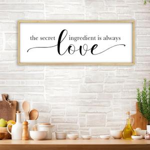 YWJKWLGS Funny Kitchen Wall Decor Art The Secret Ingredient is Always Love Sign 32x12 Inch, Inspirational Quote, Large Rustic Farmhouse Wooden Plaque for Dining Room Coffee Bar Wall Hanging (Wood)