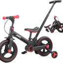 JMMD Toddler Bike with Push Handle for Kids 18-60 Months, 6 in 1 Foldable Push Bike with Training Wheels, Pedals, Brakes, Kickstand, Kid Balance Bike Gift & Toys for Boy & Girl (Large, Black)