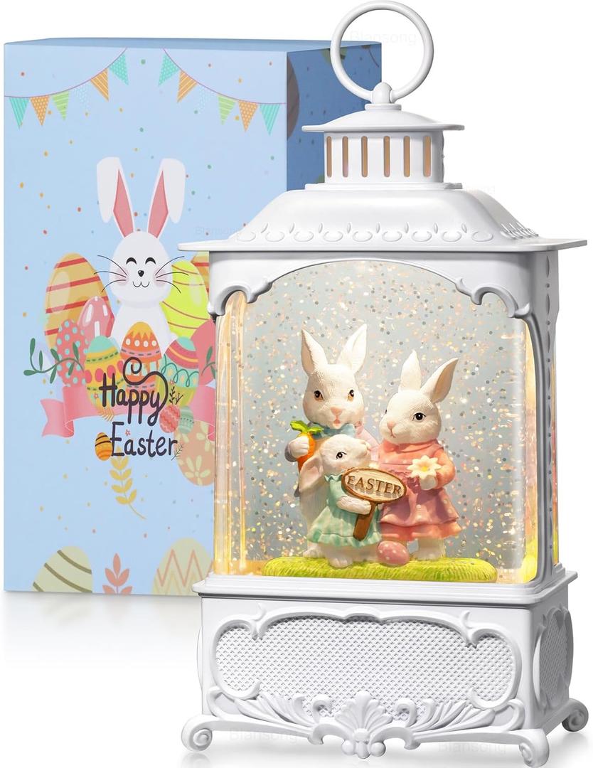 Easter Snow Globe Bunny Snow Globe Lantern with Timer, USB and Battery Powered Easter Decorations for Home Bunny Family 10.2 inch