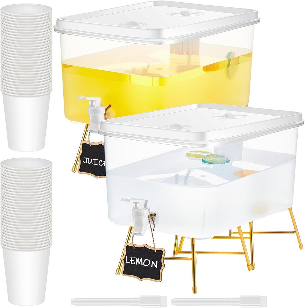 2 Pack 3.4 Gallon Beverage Dispensers with 60 Pcs Disposable Cups Plastic Drink Dispensers with Stand for Parties Water Dispenser Cold Drink Container for Iced Tea Fridge Bar Party