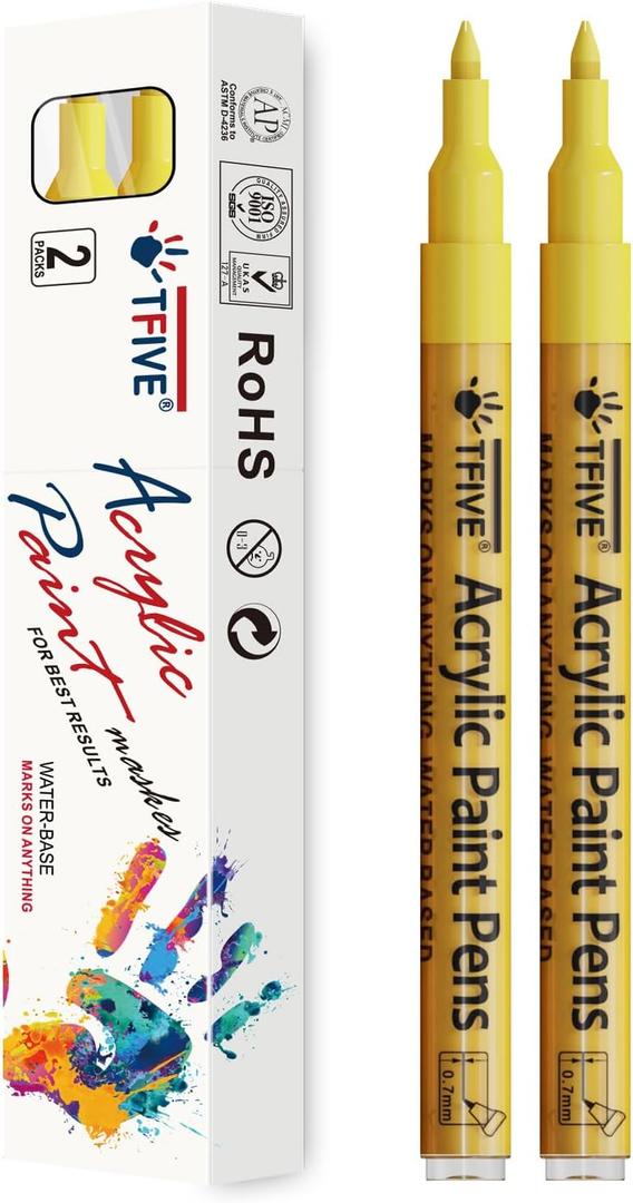 Yellow Paint Pens - 2 Pack Acrylic Permanent Marker, 0.7mm Extra Fine Tip Paint Pen for Art Projects, Drawing, Rock Painting, Ceramic, Glass, Wood, Plastic, Metal, Canvas DIY Crafts