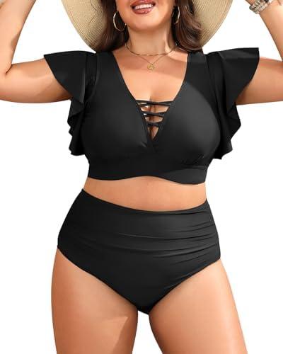 Plus Size Bikini Two Piece Swimsuit - Women High Waisted Tummy Control Bathing Suit with Sleeve Swimwear 2025 Size 14W