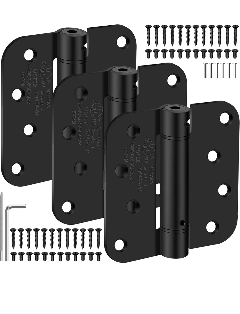 4 Inch Self Closing Door Hinges, 5/8" Radius Corners Spring Loaded Hinges for Exterior, Garage, Front and Back Door, UL Listed, for Left and Right Hand Door, Matte Black, 3 Pack