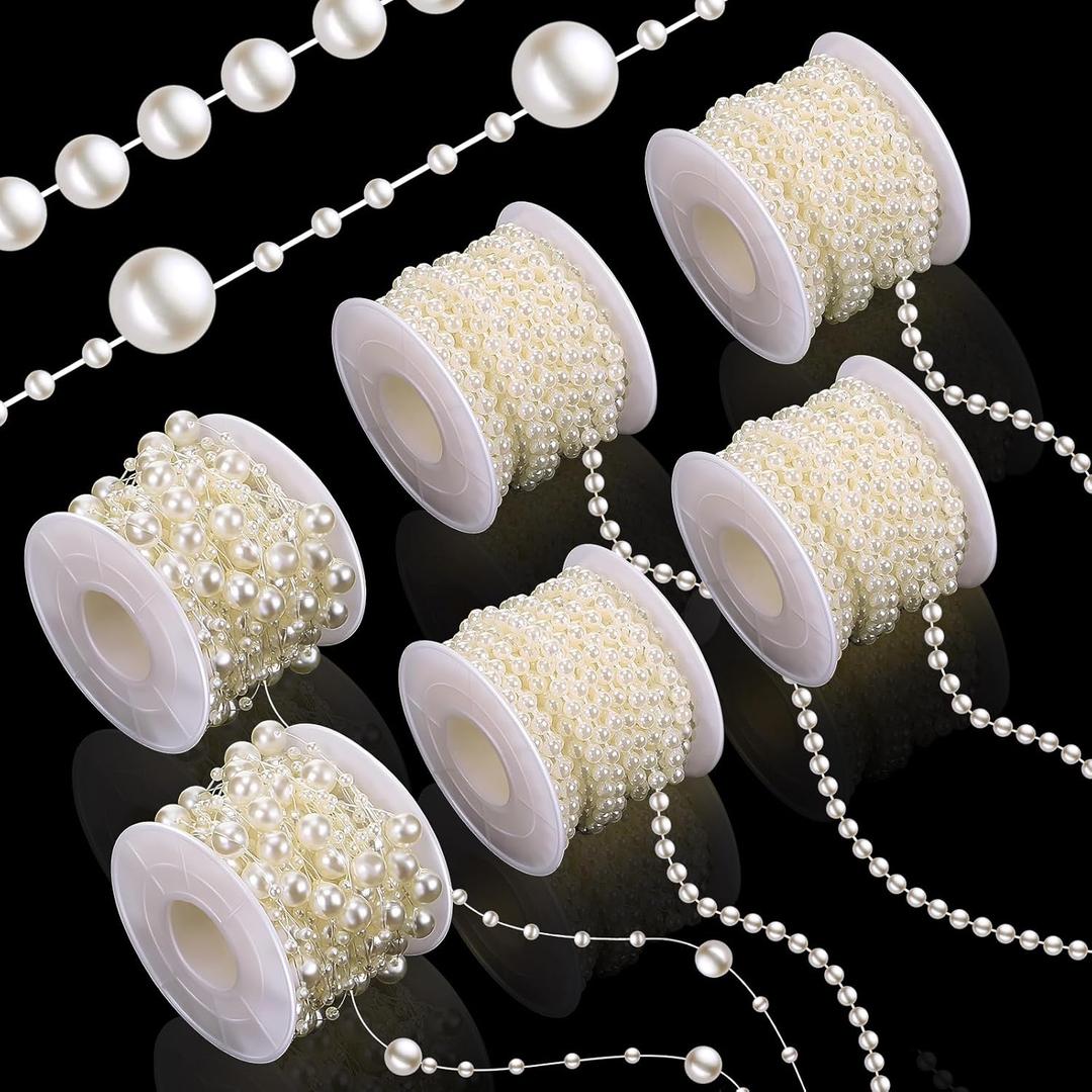 Bonuci 6 Rolls 132 Feet Pearls Garland for Valentine Faux Pearl Beads Strand for Wedding Decor, Include 4 Rolls of 4 mm, 2 Roll 3 to 8 mm Mixed Artificial Pearls Chain Trim for Wedding (Beige)