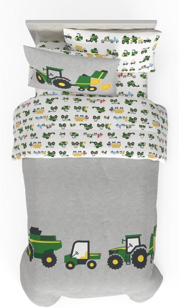 Franco Kids John Deere Farm Equipment Bedding 4 Piece Super Soft Reversible Comforter and Sheet Set, Twin, (Officially Licensed Product)