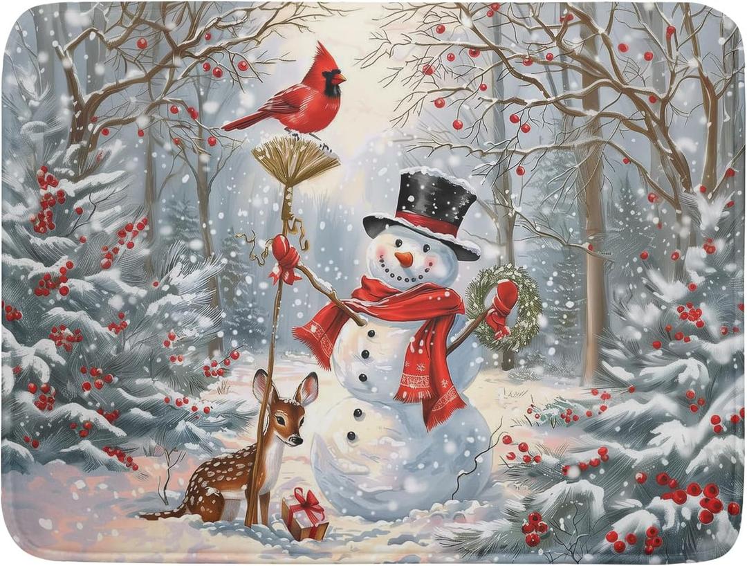 Winter Snowman Dish Drying Mat for Kitchen Counter Red Bird Berry Dishes Drainer Mats Holiday Microfiber Absorbent Dish Rack Pad 18x24 Inch