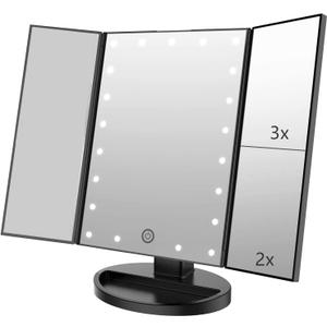 Flymiro Tri-fold Lighted Vanity Makeup Mirror with 3x/ 2x Magnification, 21 LEDs Light and Touch Screen, 180 Degree Free Rotation Countertop Cosmetic Mirror, Travel (Black)