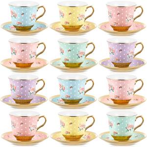 Teenyyou Set of 12 Tea Cups and Saucers Tea Party Decorations Floral Porcelain 5.4 oz British Gift for Women Birthday Party, Church, and Mother's Day (Vintage Style)