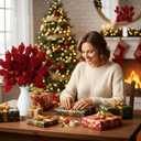 6 Pcs Christmas Artificial Velvet Glitter Magnolia Leaf Glittered Spray Picks 20" Fake Floral Leaf Branches Xmas Decoration for Christmas Tree DIY Crafts Gift Home Garden Decor(Burgundy)