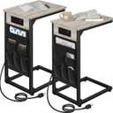 AMHANCIBLE C Shaped End Table with Charging Station, TV Tray Set of 2, Couch Tables with Storage Bag, Slide Under Sofa Side Table with USB Ports and Outlets for Living Room, Black