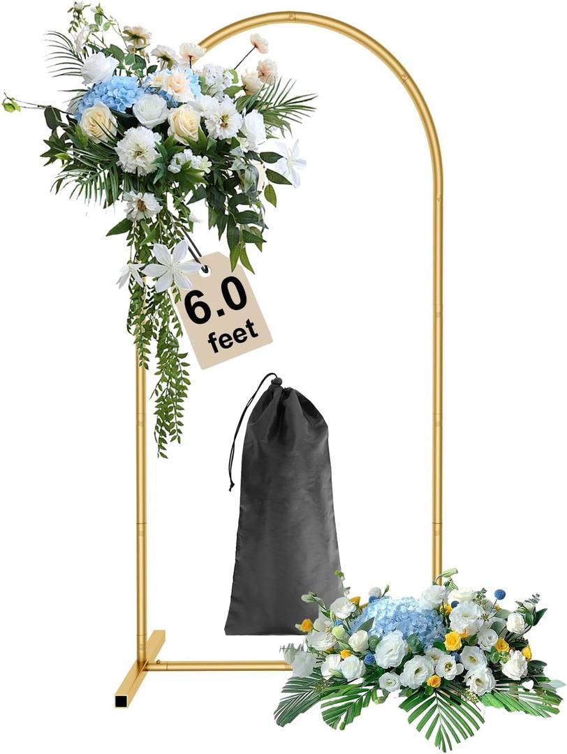 Wingedbird 6.0ft Gold Metal Garden Arbor Arch Frame with Storage Bag, Wedding Flower Arch Balloon Backdrop Stand, Easy to Assemble for Bridal & Baby Showers, Ceremony, and Birthday Party Decoration
