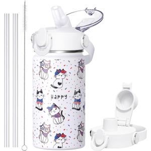 SENDESTAR Metal Insulated Water Bottle - 12oz/18oz BPA-FREE 18/8 Stainless Steel Travel Tumbler Double Wall Vacuum Leak Proof Kids Cup with Straw for Kids, School Boys Girls (White Animal Letters)