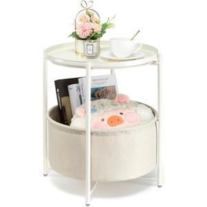 danpinera Round Side Table with Fabric Storage Basket, Metal Side Table Small Bedside Nightstand with Removable Tray Top for Living Room, Bedroom, Nursery, Laundry, White