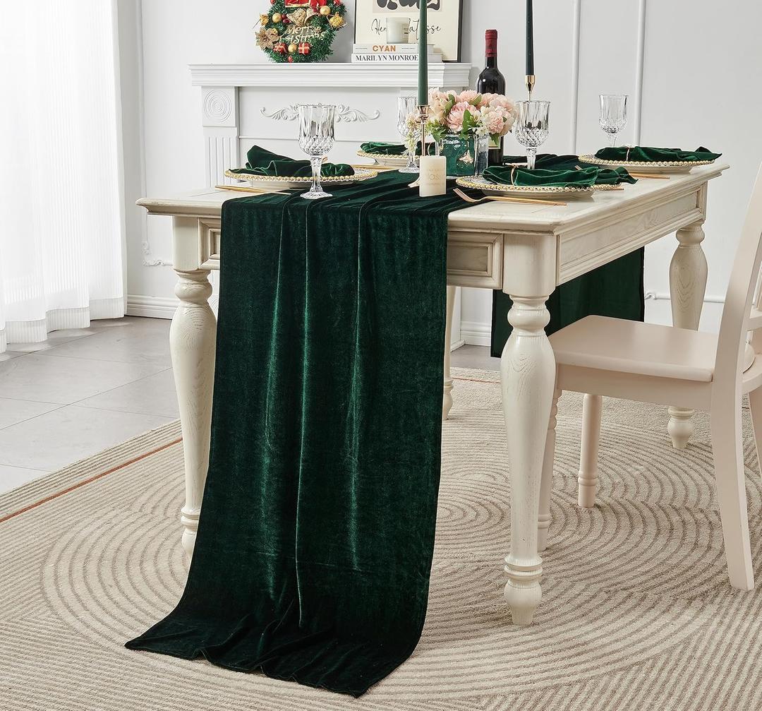 Velvet Table Runner ,Soft Luxurious Fall Table Runners 120 Inches Long,for Wedding Bridal Shower Thanksgiving Christmas Decoration,20*120 Inches, Emerald Green