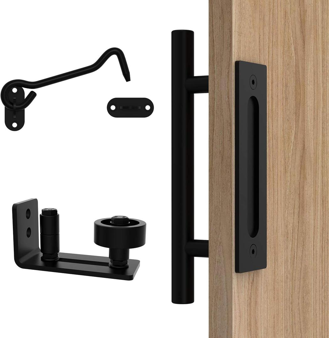 Orgerphy Black 12 Inch Barn Door Handle with Latch and Adjustable Floor Guide Kit | Heavy Duty for All Sliding Barn Door | Flat Bottom Easy to Install | 8 Setup Options for DIYers