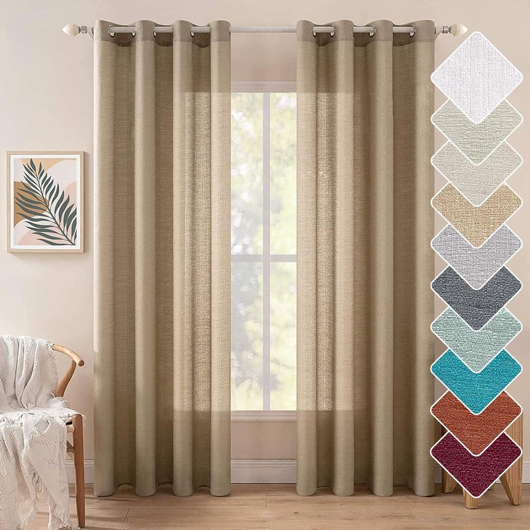 MIULEE Tan Brown Faux Linen Textured Semi Sheer Curtains 2 Panels Set for Bedroom Living Room, Light Filtering Privacy Curtains Farmhouse Burlap Grommet Drapes Rustic Country Decor W52 x L84 inch