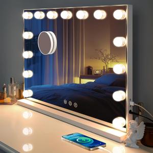 Kottova 23"x18.1" Vanity Mirror with Lights, Lighted Makeup Mirror with 15 Dimmable LED Bulbs, Hollywood Mirror with 3 Color Lightings, USB Charging Port Touch Control, Metal Frame,Plug in (White)