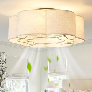 Caged Ceiling Fan with Lights, Flush Mount 20" Boho Ceiling Fans with Lights Remote Control, Low Profile Fabric Bladeless with 6 Speeds for Bedroom, Nursery, Kitchen (Beige)