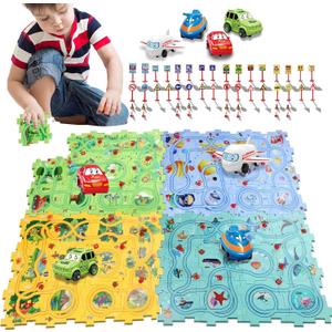Puzzle Racer Kids Car Track Set with Cars Puzzle Racer Car Track Set for 3-8 Year Old Best Holidays & Birthday Gifts for Kids (100PCS 4in1) (Land & ocean & space & dinosaur)
