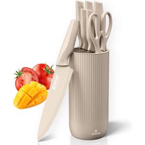 Knife Set, Brewin Kitchen Knife Set, Knives Set for Kitchen, Universal Knife Block, Utility Knife Block Set, New Home Essentials, Apartment Essentials, Dishwasher Safe (Khaki)