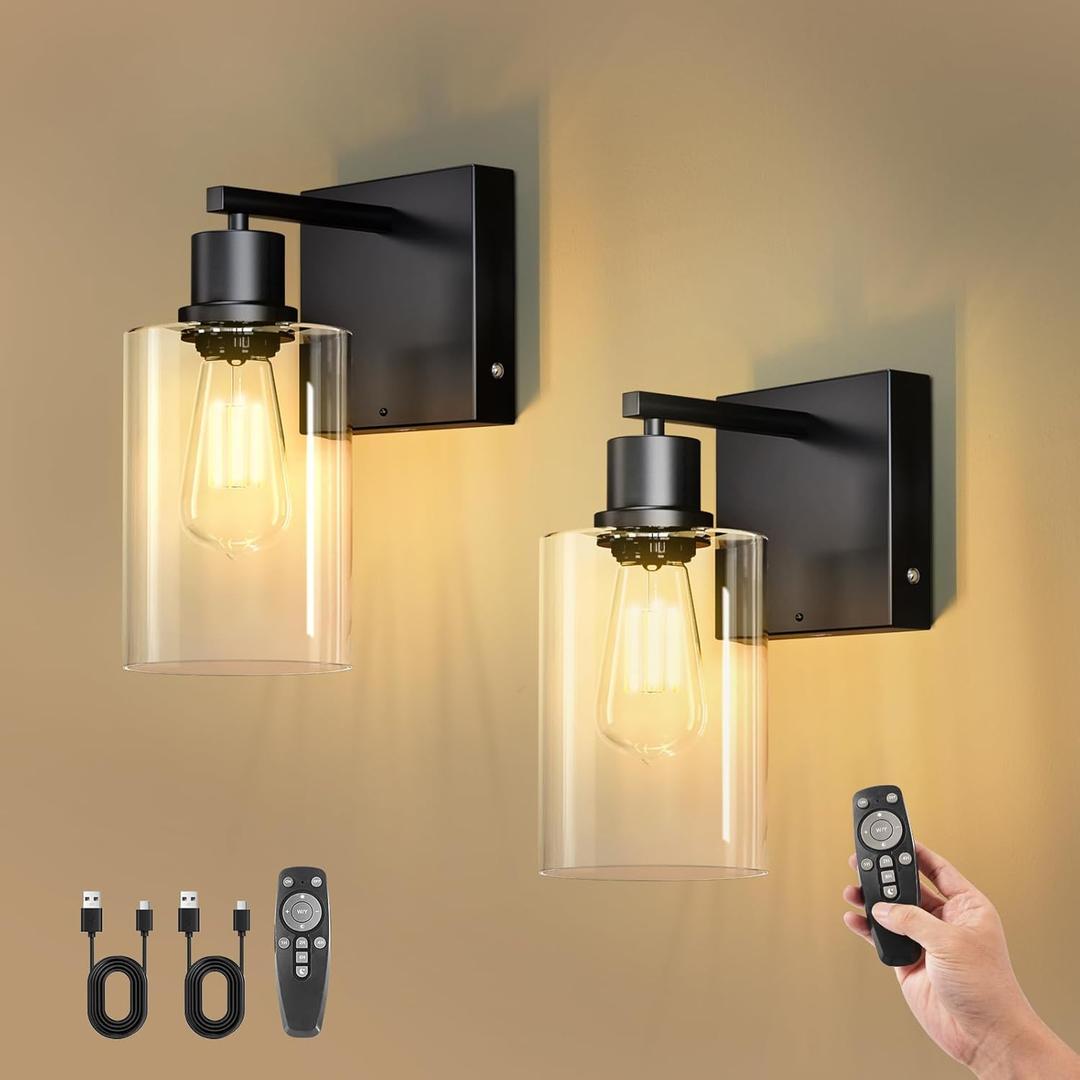 Kimjo Battery Operated Wall Sconce Set of 2 with Remote, Rechargeable Wireless Wall Lights with Dimmable Bulb and Glass Shade, Wall Decor for Bedroom Bathroom Hallway