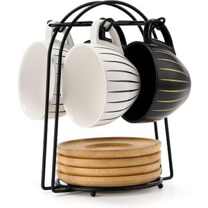 LUKA Ceramic Demitasse Espresso Cups Set with Saucers and Metal Stand, 8 oz Porcelain Cappuccino Cups Teacup For Tea, Espresso, Latte, Coffee, Cafe Mocha, Set of 4, Stripe White & Black