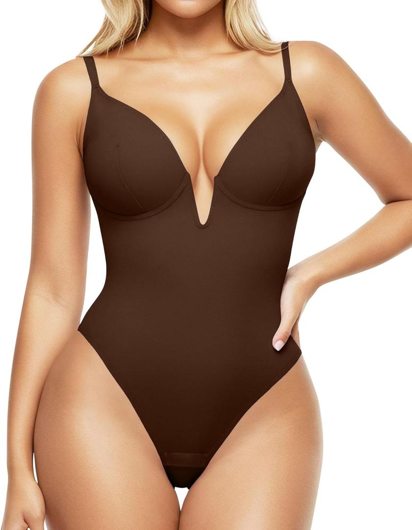 Popilush Shapewear Bodysuits for Women - Tummy Control Body Suits for Womens Deep V Corset Tops Thong Concert Outfits (Large, Brown)