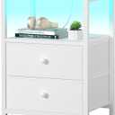 BOLUO White Nightstand with Charging Station, LED Night Stand with 2 Fabric Drawers, Bedside Table with USB Ports and Outlets, Nightstand for Bedroom Modern