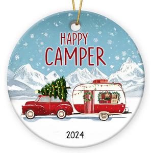 7 x Happy Camper Decor 2025 Christmas Ornament - Gifts for Camping Enthusiasts, Winter Decorations for Home, Gifts for Campers, Ceramic Christmas Ornament