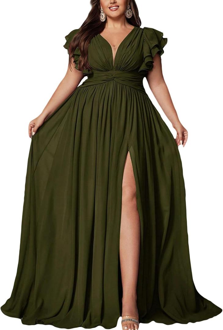 Women's Plus Size Bridesmaid Dresses Chiffon Wedding Guest Summer Maxi Dress Elegant Prom Evening Party Cocktail Gown (Olive Green, XL)